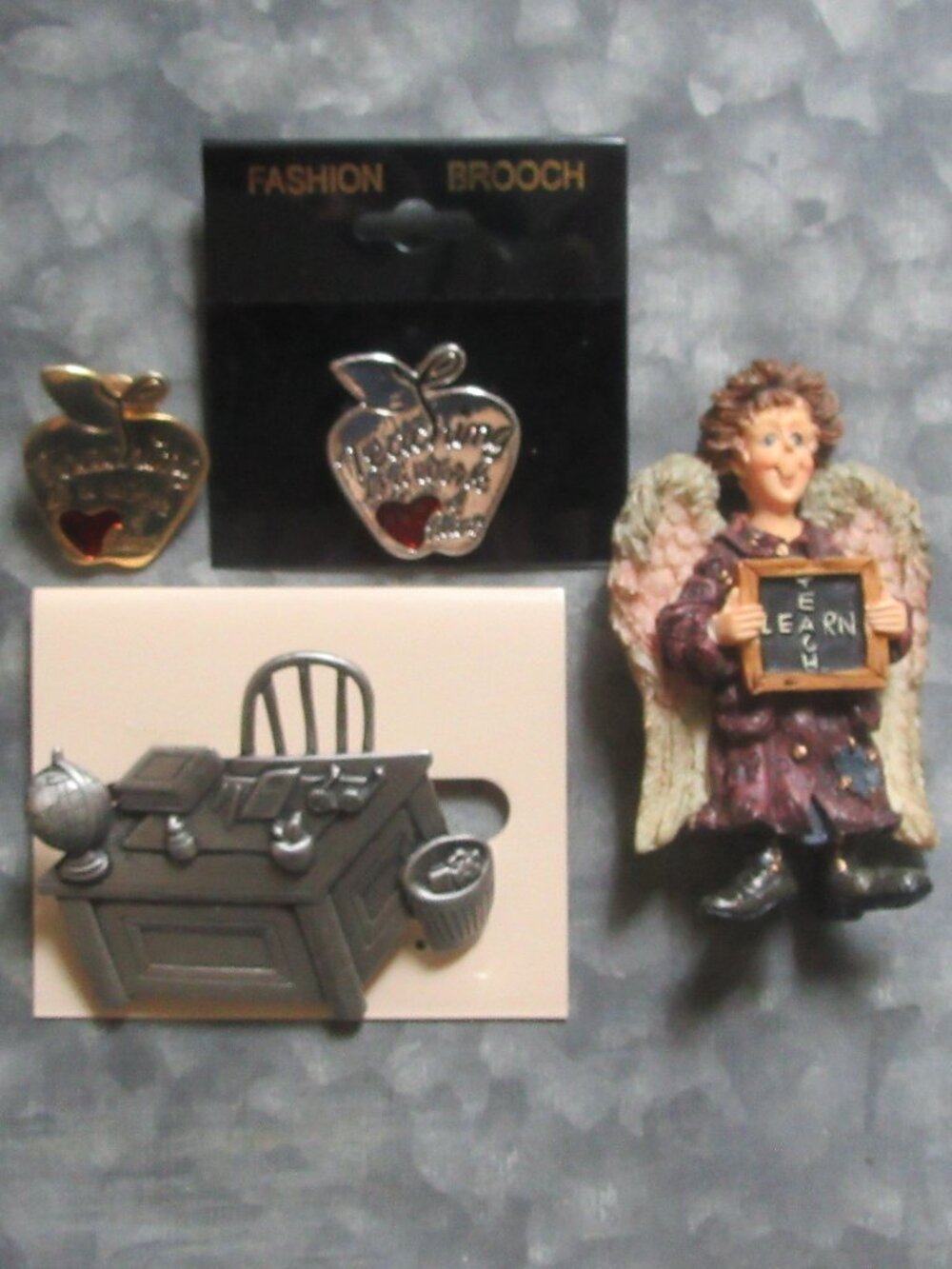 Teacher gifts; 4 teaching pins;1 silver & 1 gold apple; pewter desk;resin angel
